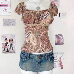 Rave Y2K Brown Paisley Lace Trim Empire Top